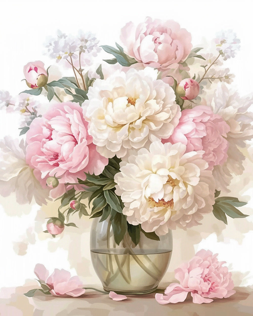 Pink and white peonies in clear glass vase cross stitch kit for beginners