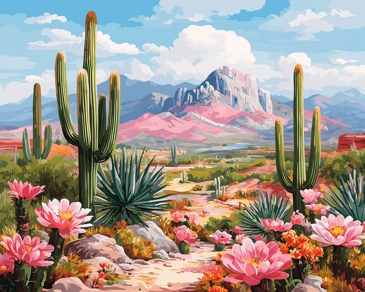 Pink blooming cactus in desert cross stitch kit for beginners