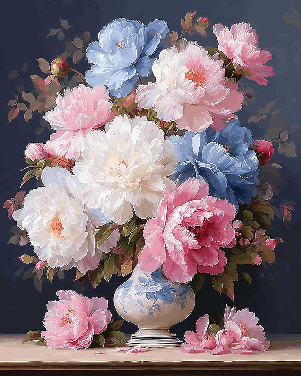 Pink blue and white peonies in vase cross stitch kit for beginners