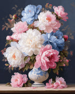 Pink blue and white peonies in vase cross stitch kit for beginners