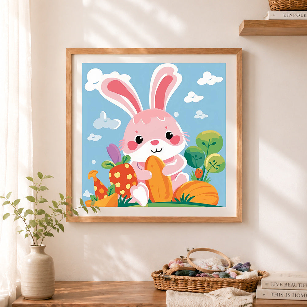 Finished pink bunny with carrots cross stitch artwork displayed as home decor