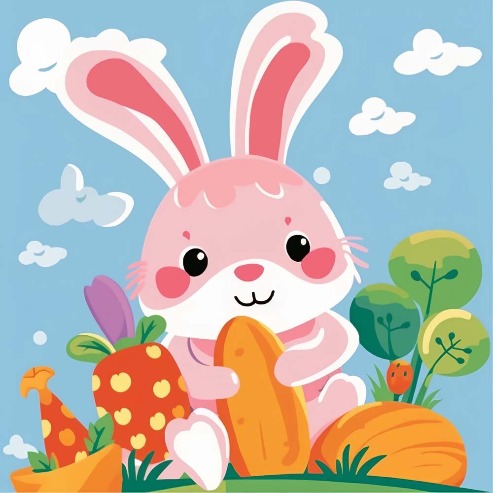 Pink bunny with carrots cross stitch kit for beginners