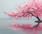 Pink cherry blossom tree reflecting on calm water cross stitch kit for beginners