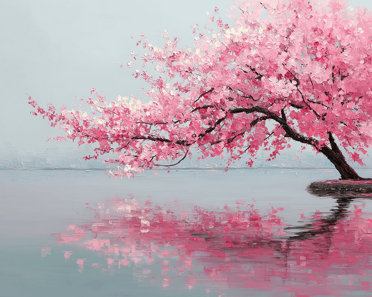 Pink cherry blossom tree reflecting on calm water cross stitch kit for beginners