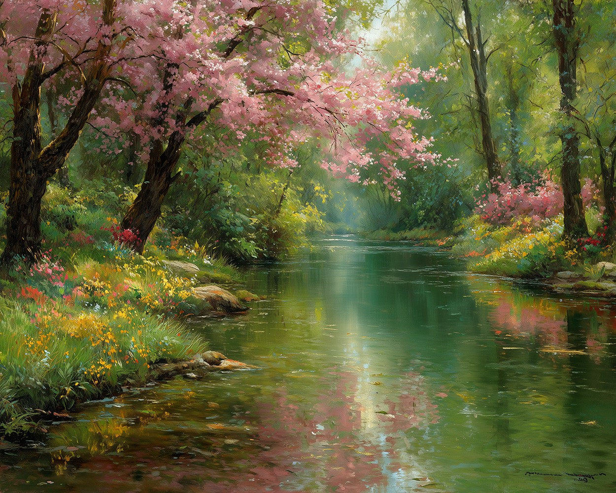 Pink cherry blossoms over a peaceful river cross stitch kit for beginners