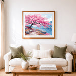 Finished pink cherry tree by the lake cross stitch artwork displayed as home decor