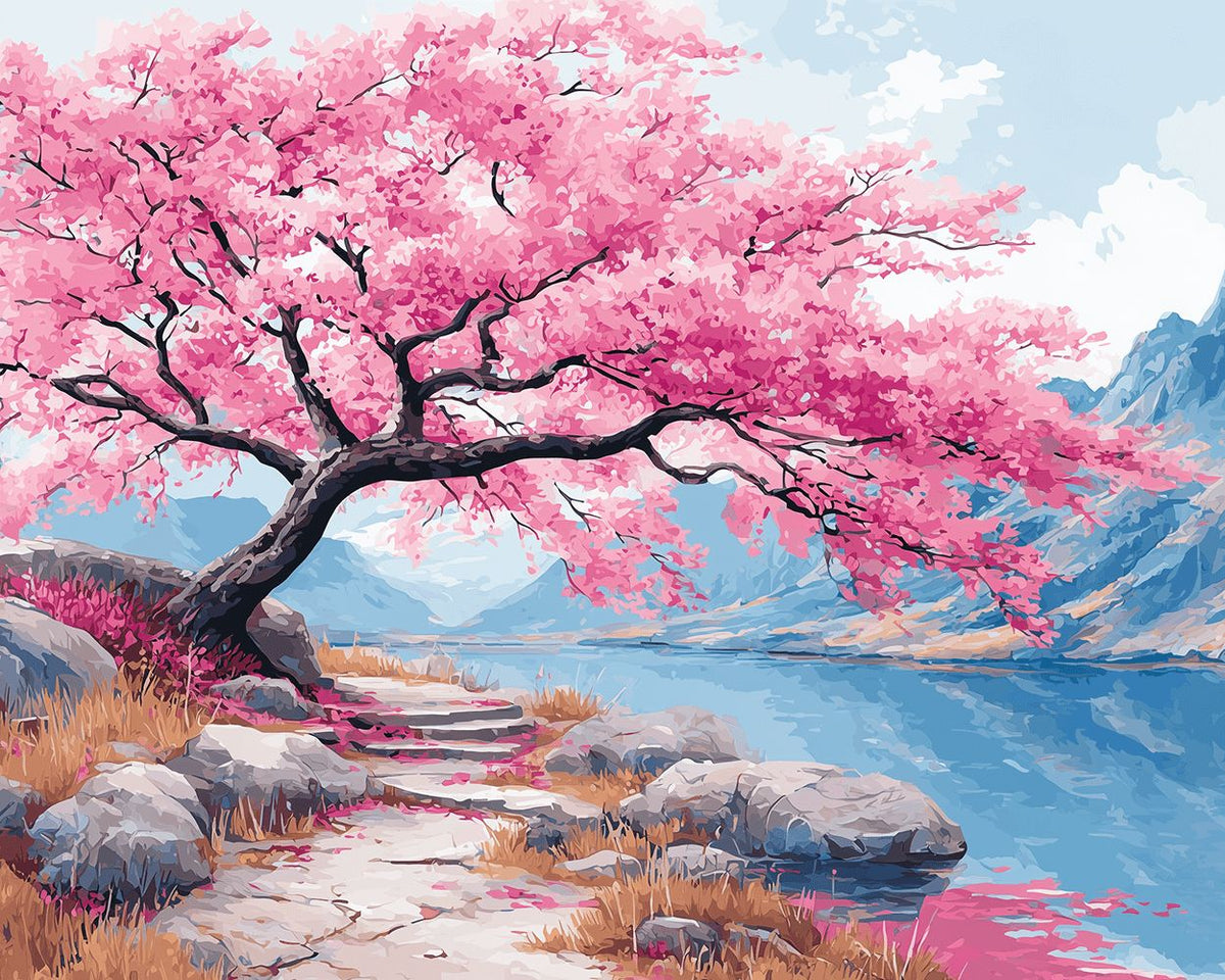Pink cherry tree by the lake cross stitch kit for beginners