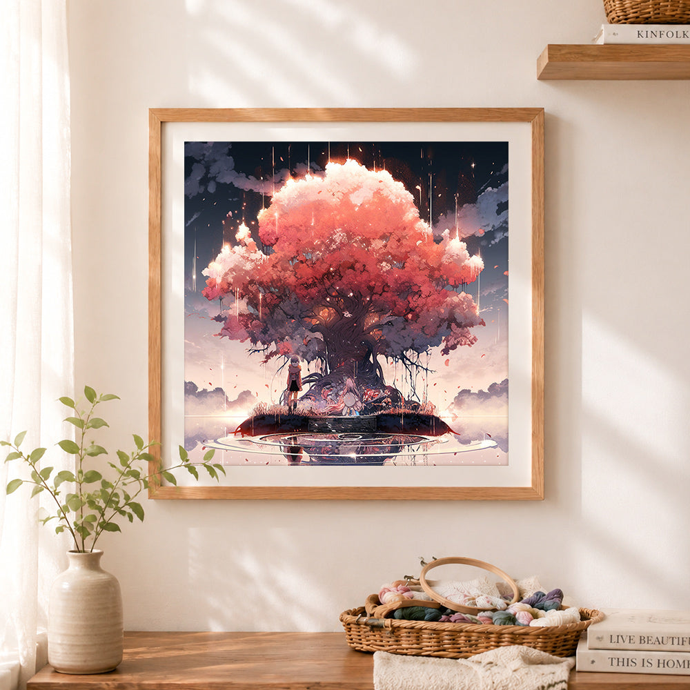 Finished pink cherry tree on water isle cross stitch artwork displayed as home decor
