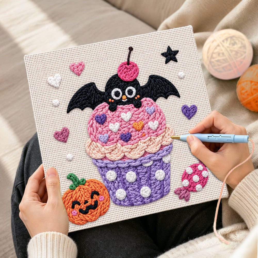 Creating handmade pink cupcake with bat punch needle artwork