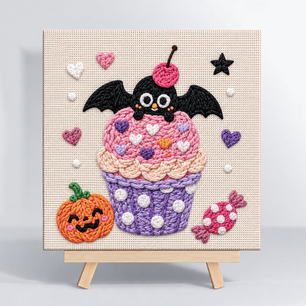 Pink cupcake with bat punch needle kit for beginners
