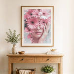 Finished pink daisy beauty cross stitch artwork displayed as home decor