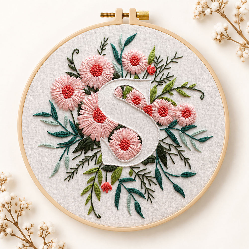 Pink daisy blooms and letter s embroidery kit