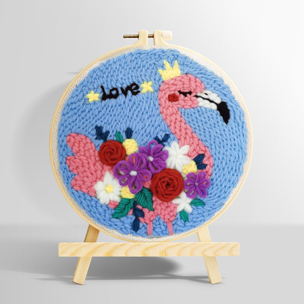 Pink flamingo with colorful flowers punch needle kit for beginners