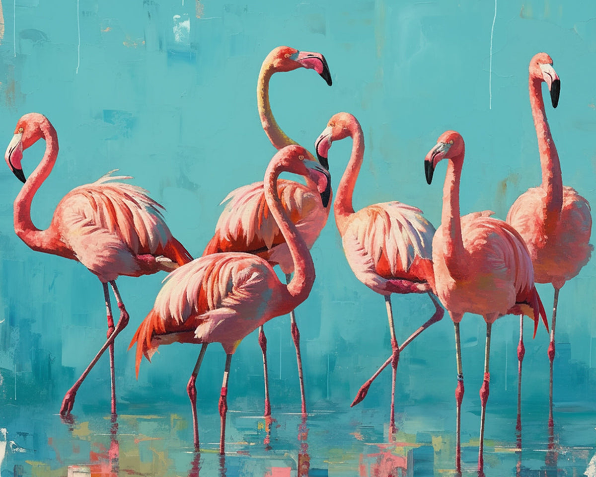 Pink flamingos in teal water cross stitch kit for beginners
