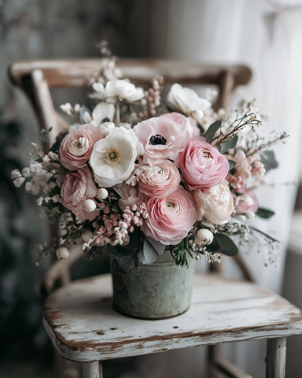 Pink floral arrangement on wooden chair cross stitch kit for beginners