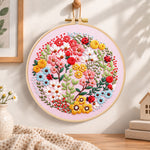 Pink floral art with ladybugs embroidery hoop wall art displayed as warm and cozy handmade home decor