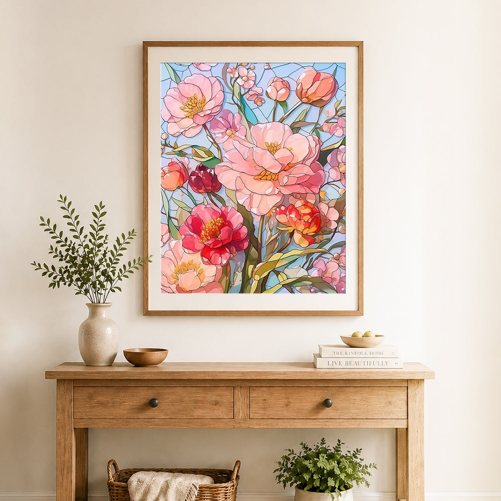 Finished pink flowers stained glass style cross stitch artwork displayed as home decor