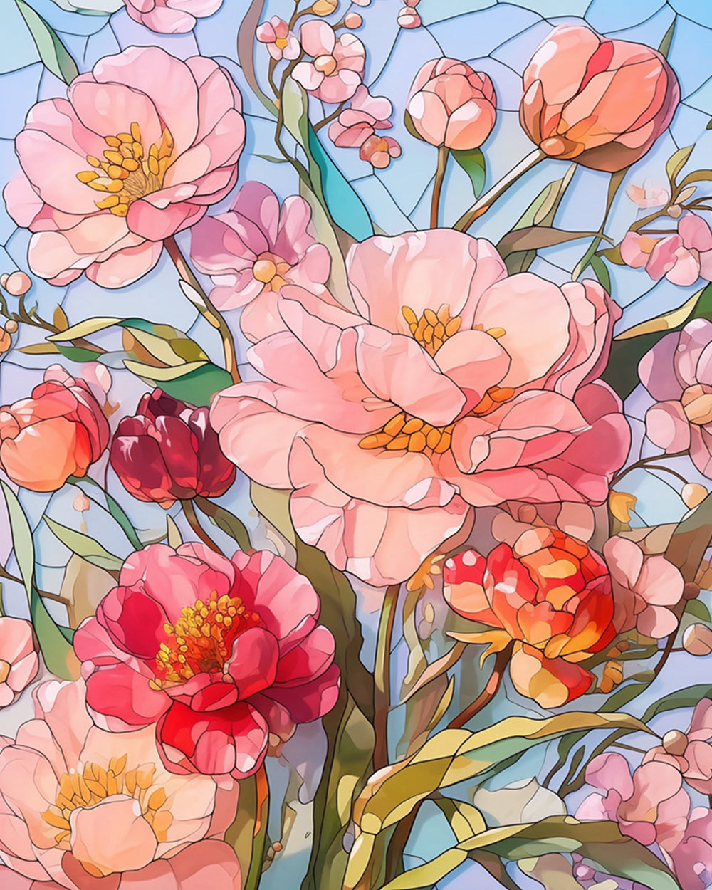Pink flowers stained glass style cross stitch kit for beginners