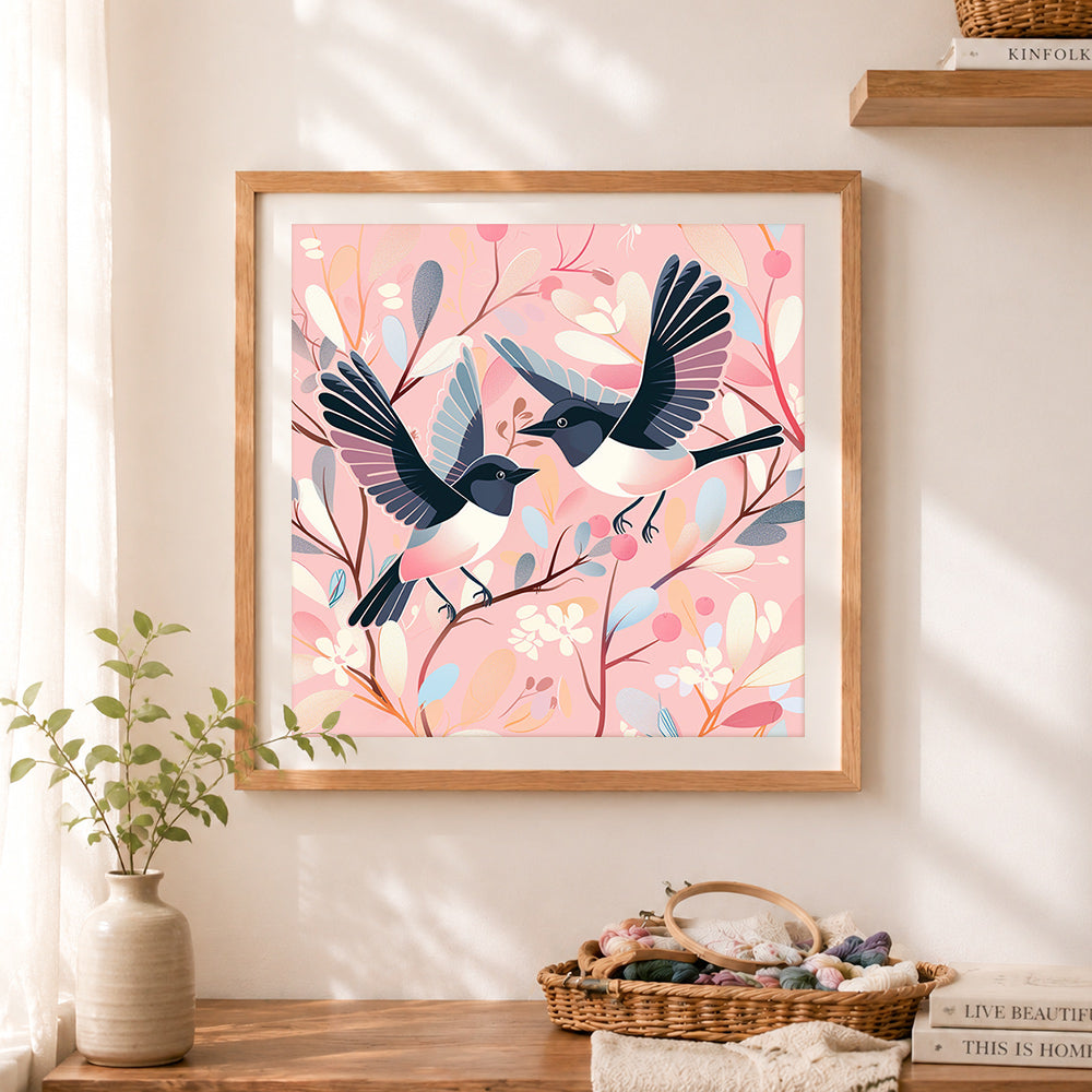 Finished pink garden magpies cross stitch artwork displayed as home decor