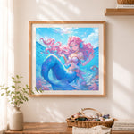 Finished pink hair anime mermaid cross stitch artwork displayed as home decor