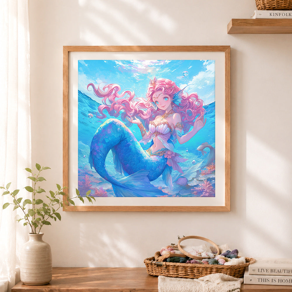 Finished pink hair anime mermaid cross stitch artwork displayed as home decor