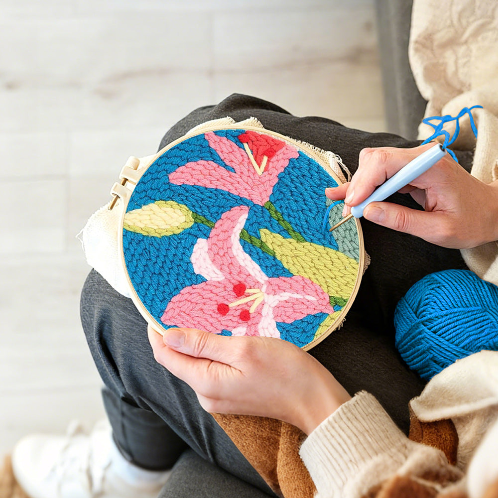 Creating handmade pink lilies punch needle artwork