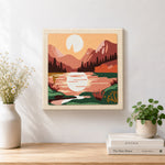 Finished pink mountain sunrise artwork displayed on a wall