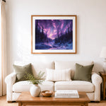 Finished pink northern lights over snowy forest cross stitch artwork displayed as home decor