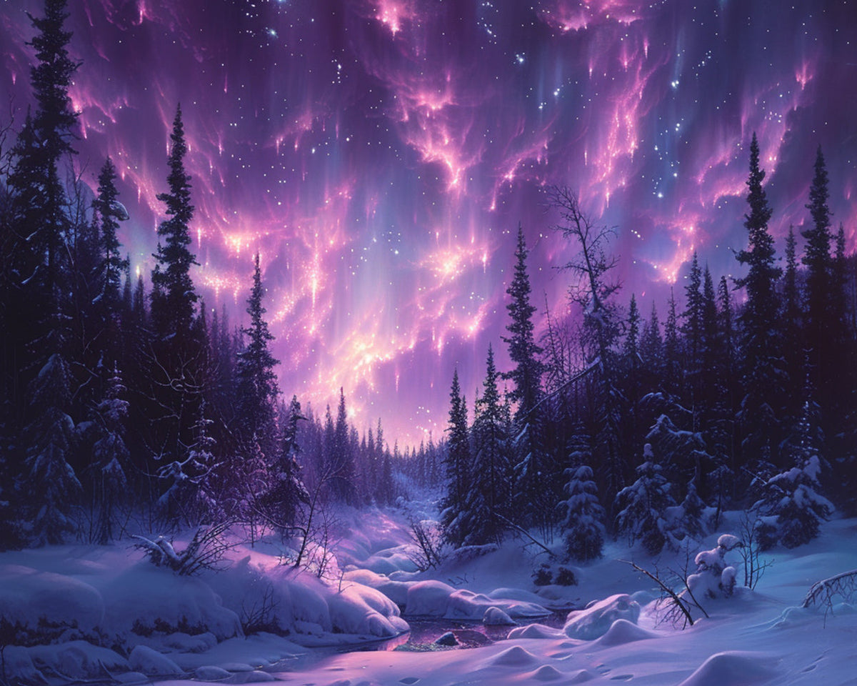 Pink northern lights over snowy forest cross stitch kit for beginners