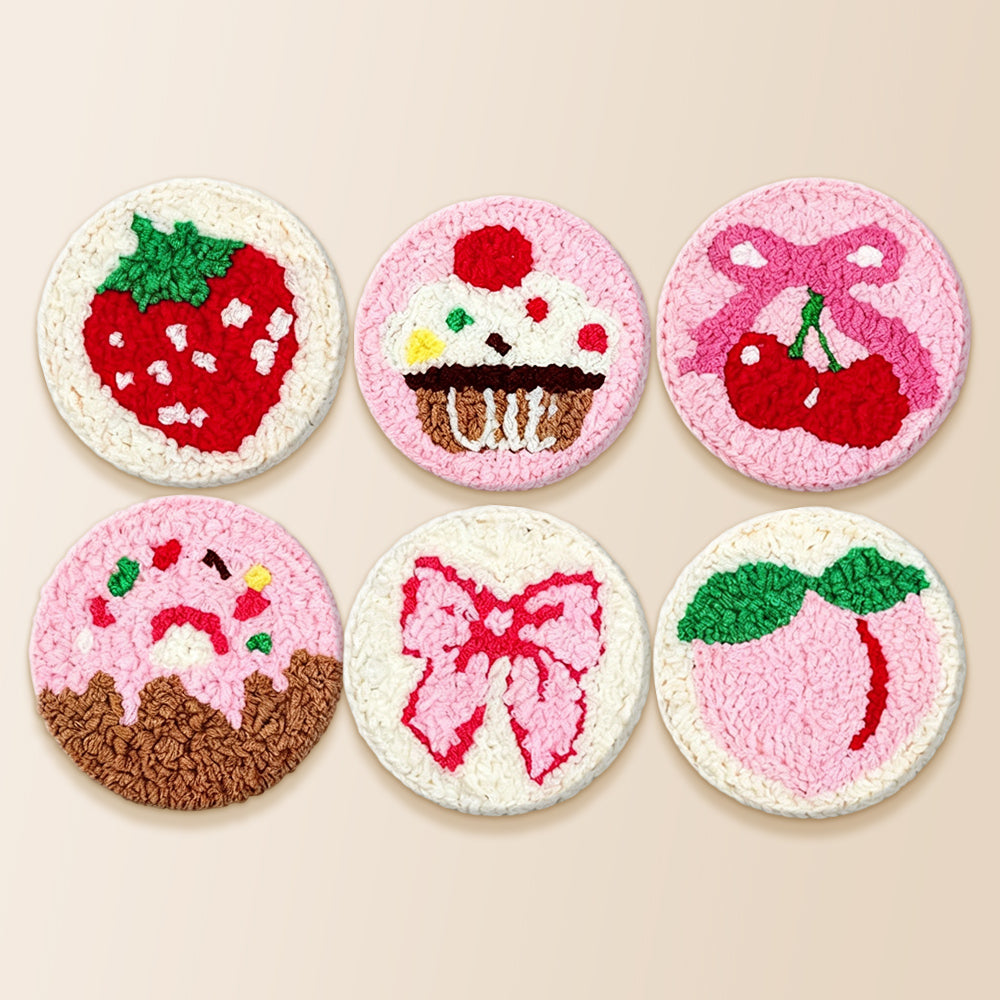 Pink peach, strawberry and cupcake punch needle coaster kit finished handmade coasters