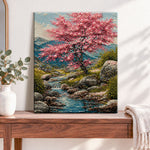 Finished pink pearl cherry blossom valley pearl diamond painting artwork displayed as home decor