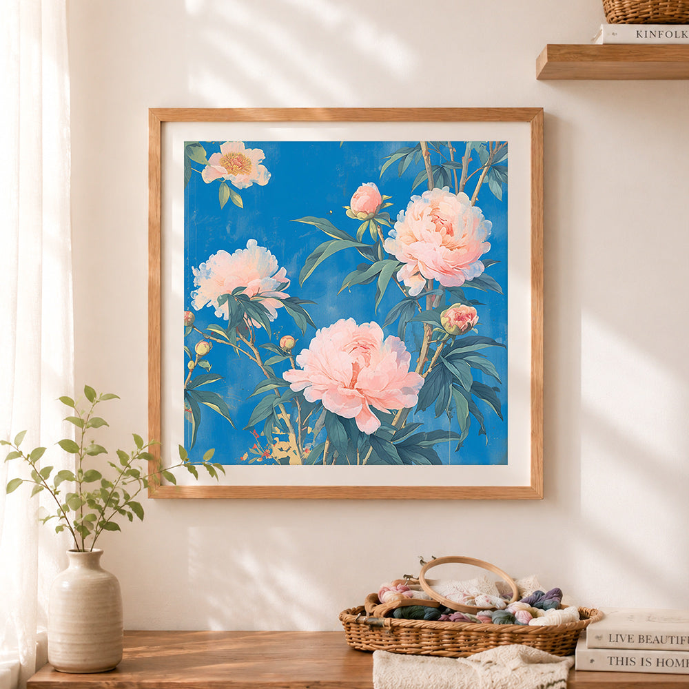 Finished pink peonies on blue cross stitch artwork displayed as home decor