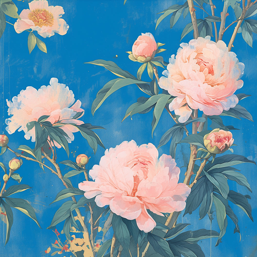 Pink peonies on blue cross stitch kit for beginners
