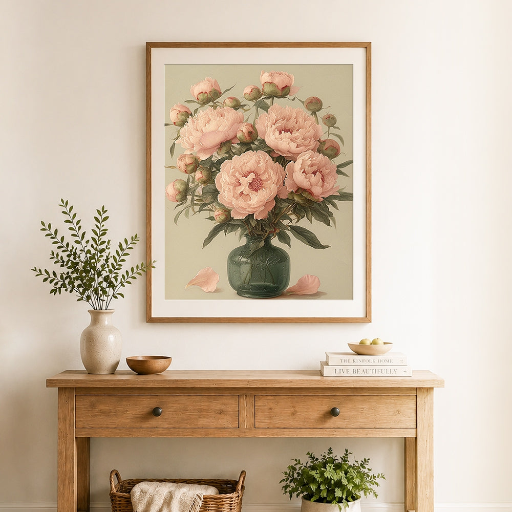 Finished pink peonies with buds in vintage vase cross stitch artwork displayed as home decor