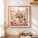 Finished pink roses, vintage guitar and books cross stitch artwork displayed as home decor