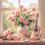 Pink roses, vintage guitar and books cross stitch kit for beginners