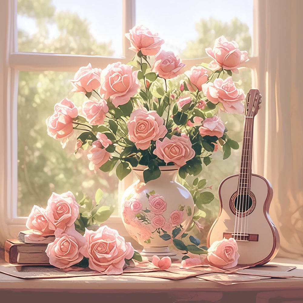 Pink roses, vintage guitar and books cross stitch kit for beginners