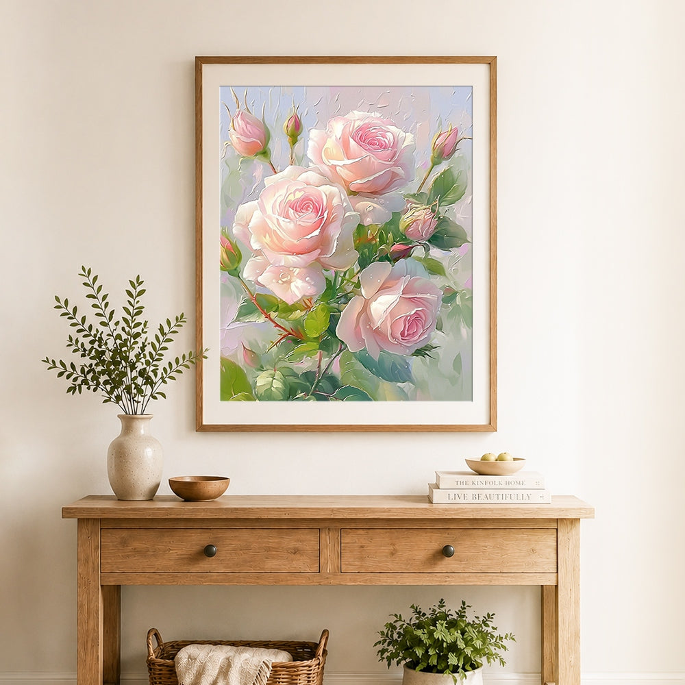 Finished pink roses with dew drops cross stitch artwork displayed as home decor
