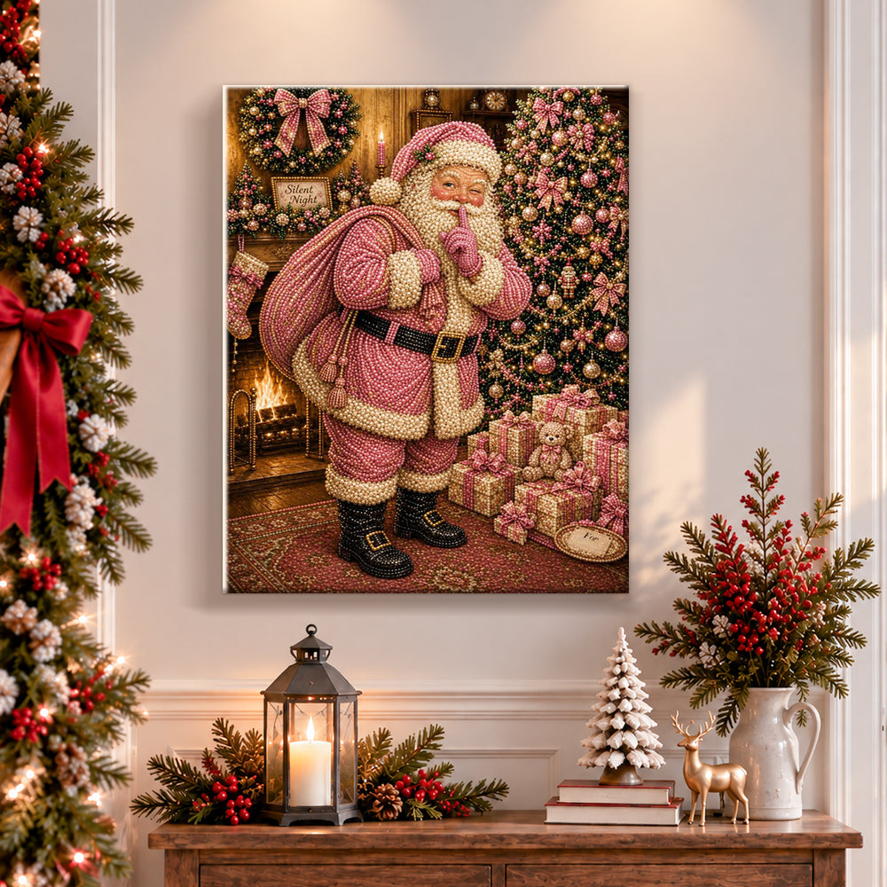 Finished pink santa silent night pearl diamond painting artwork displayed as holiday home decor