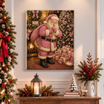 Finished pink santa silent night pearl diamond painting artwork displayed as holiday home decor