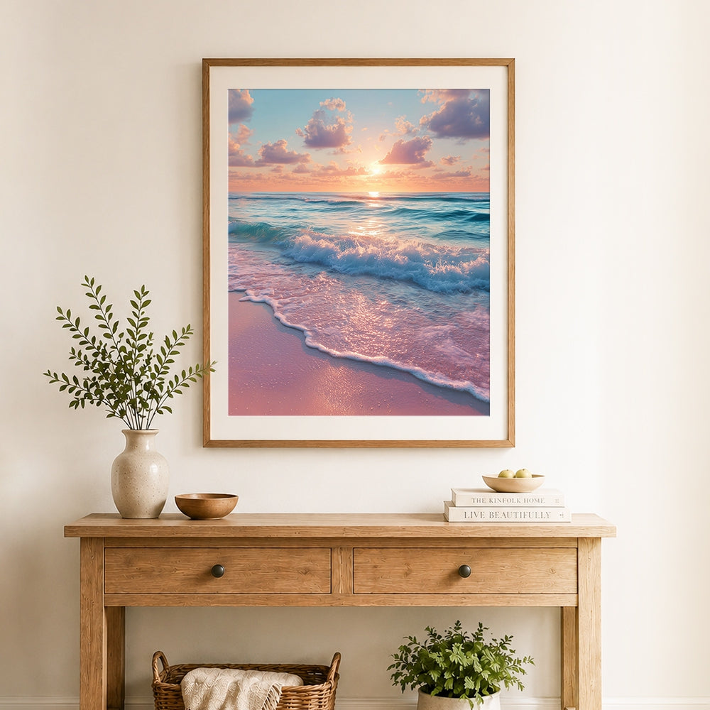 Finished pink sunset waves on beach cross stitch artwork displayed as home decor