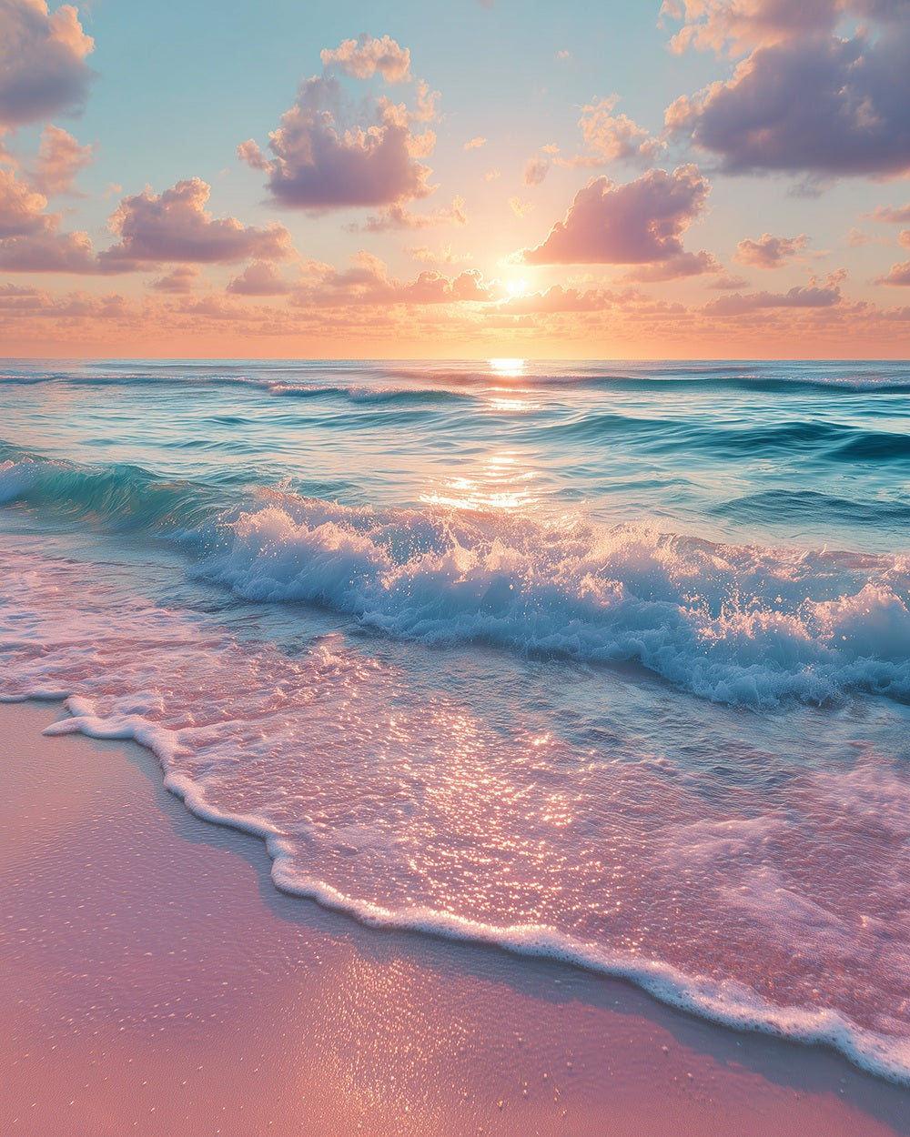 Pink sunset waves on beach cross stitch kit for beginners