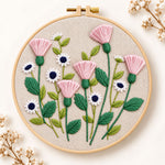 Pink thistle and daisies embroidery kit
