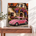 Finished pink vintage car in flower village pearl diamond painting artwork displayed as home decor