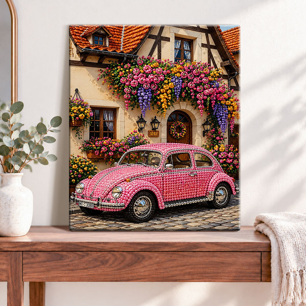Finished pink vintage car in flower village pearl diamond painting artwork displayed as home decor