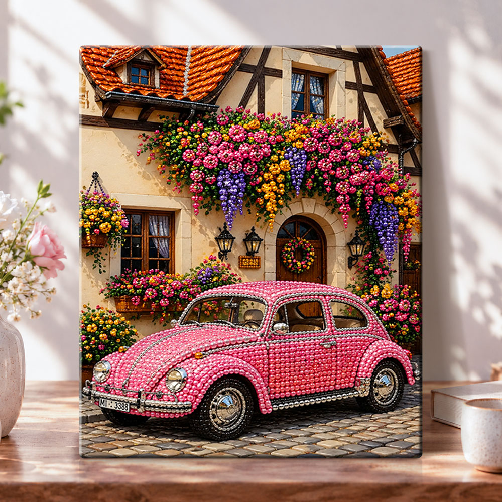 Pink vintage car in flower village pearl diamond painting kit for beginners