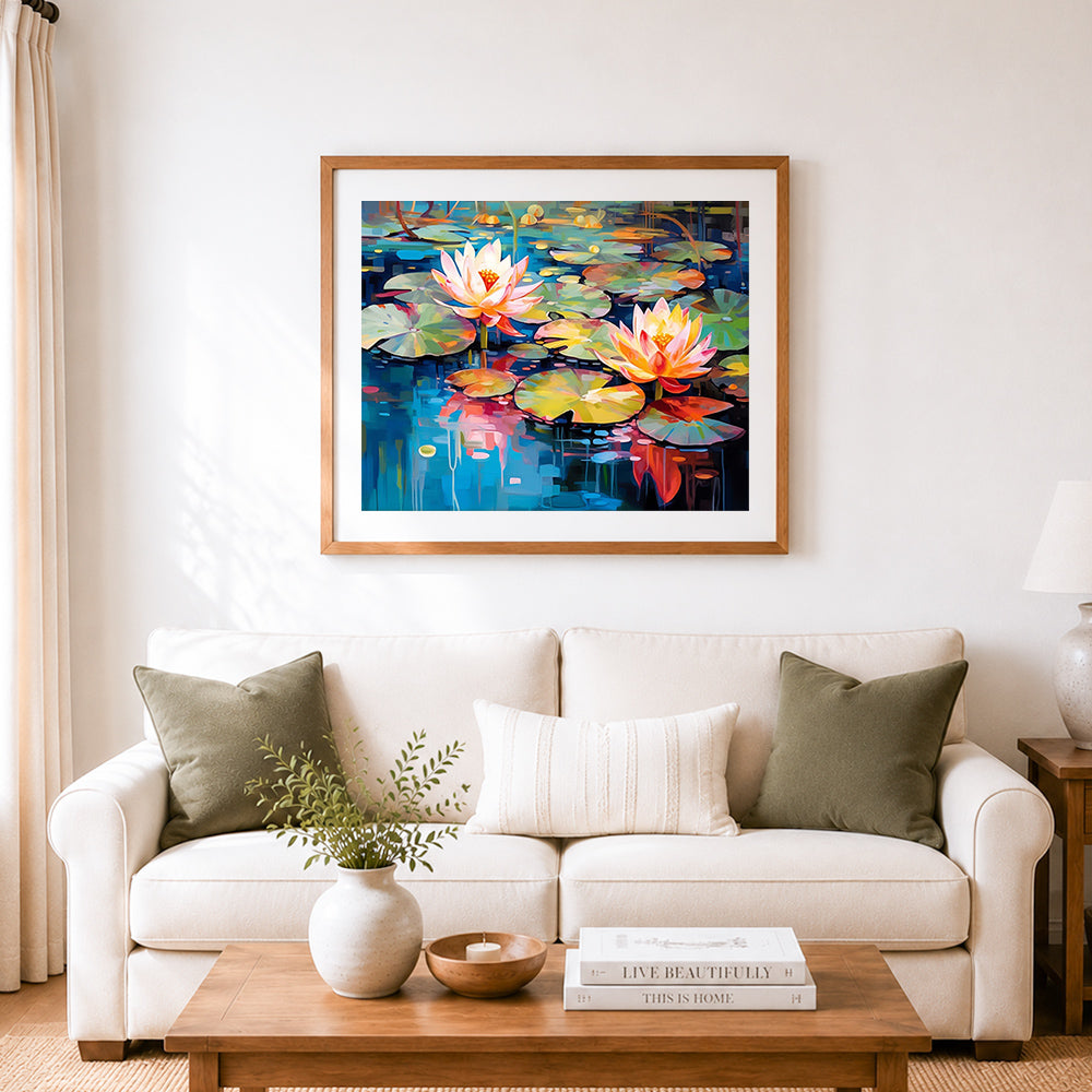 Finished pink water lilies on a pond cross stitch artwork displayed as home decor