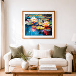 Finished pink water lilies on a pond cross stitch artwork displayed as home decor
