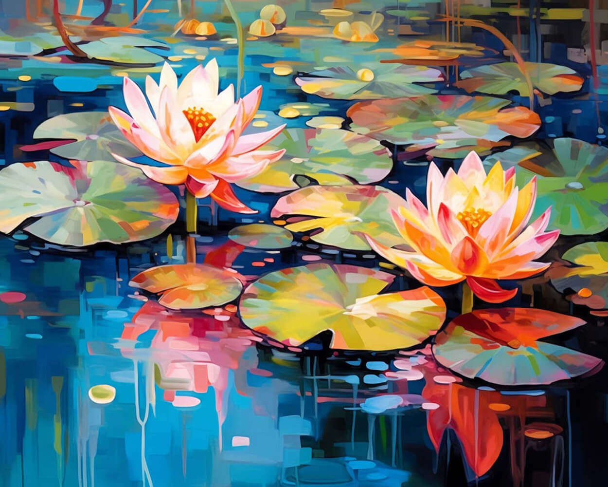 Pink water lilies on a pond cross stitch kit for beginners