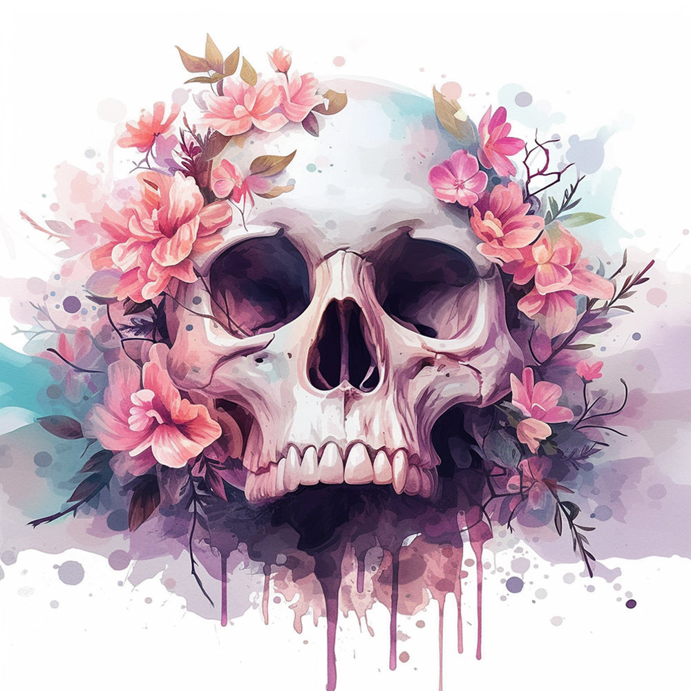 Pink watercolor floral skull cross stitch kit for beginners